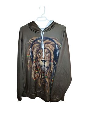 Mens Lion Graphic Hoodie in Olive Green Size Xl